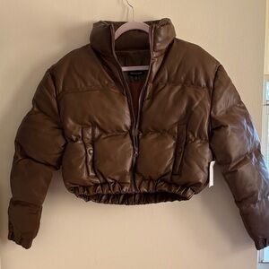 Cropped Faux Leather Puffer Jacket - Brown